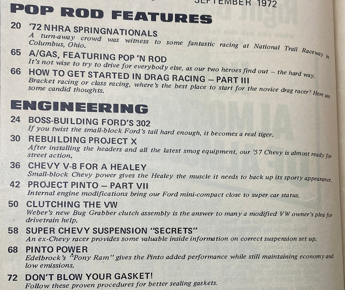 Interior page from Popular Hot Rodding Magazine September 1972 listing features including NHRA Springnationals and Boss-Building Ford's 302.