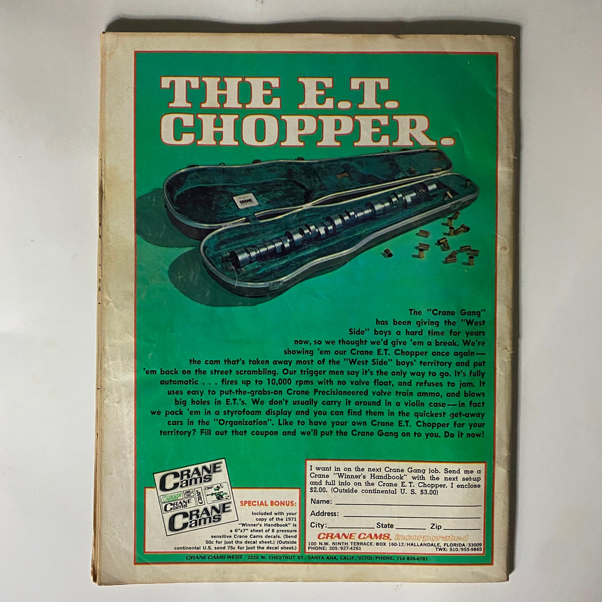 Back cover of Popular Hot Rodding Magazine - October 1972 showcasing advertisement for Crane Cams with details about the E.T. Chopper.