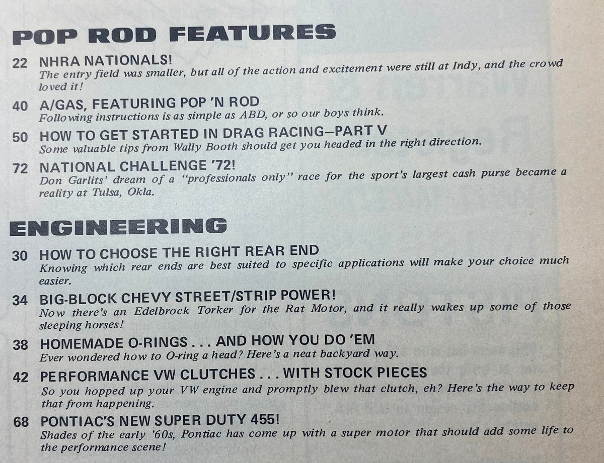 Interior page of Popular Hot Rodding Magazine, December 1972, listing features including articles on NHRA Nationals and Pontiac's New Super Duty 455.
