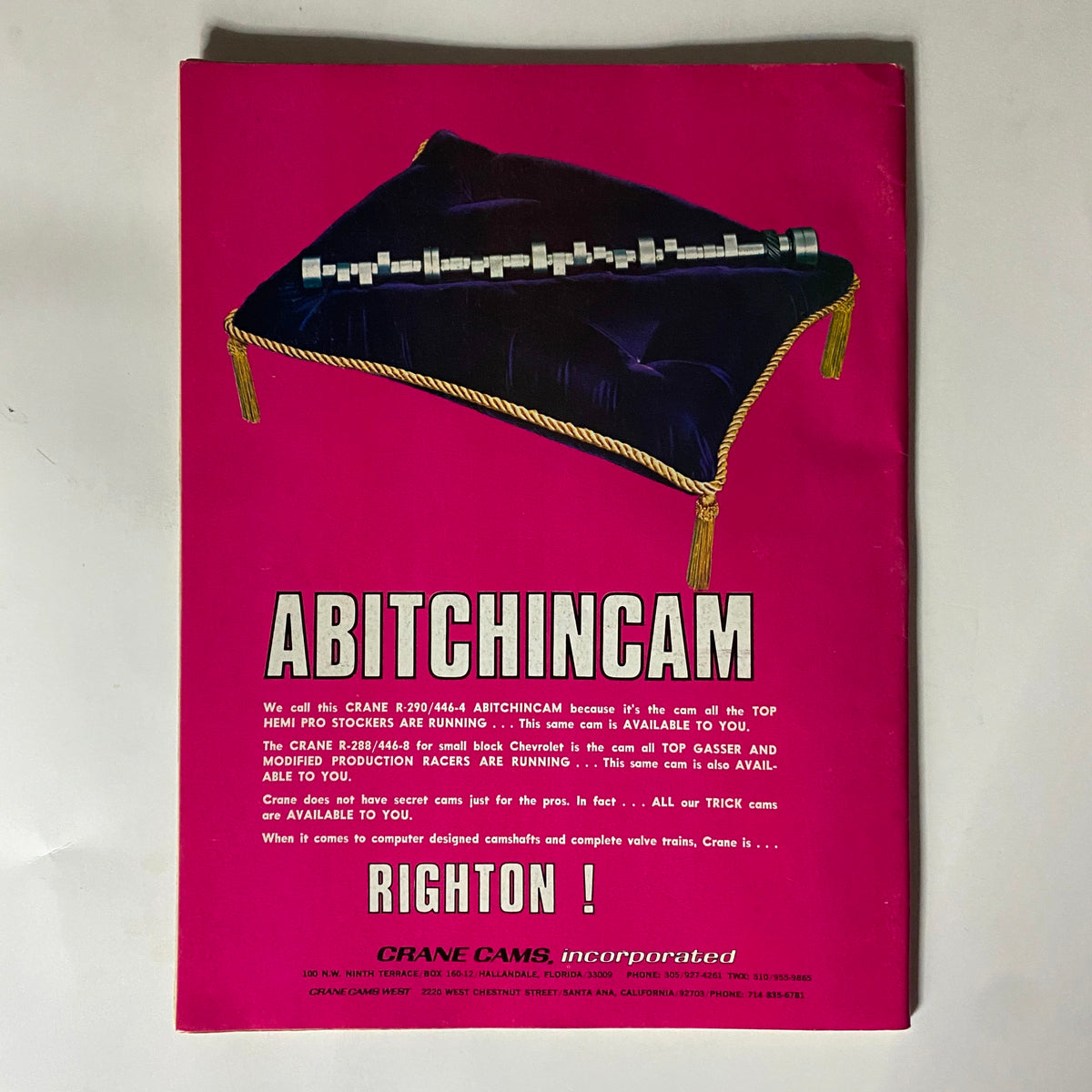 Abitchincam advertisement from Popular Hot Rodding Magazine December 1972 featuring a vibrant pink background and text promoting Crane Cams, ideal for top pro stockers and modified production racers.