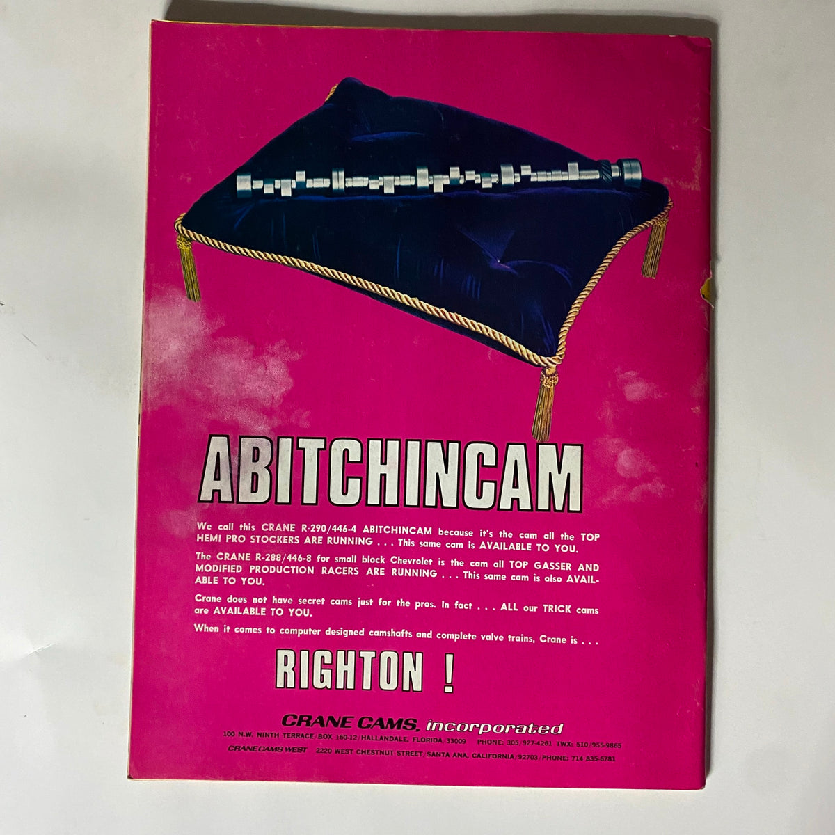 Back cover of Popular Hot Rodding Magazine January 1973 featuring an advertisement for 'ABITCHINCAM' camshafts, emphasizing their use in top racing vehicles.