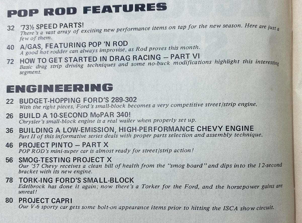 Popular Hot Rodding Magazine February 1973 content page showcasing features on speed parts, drag racing, and engine building, highlighting the Smog-Testing Project X.