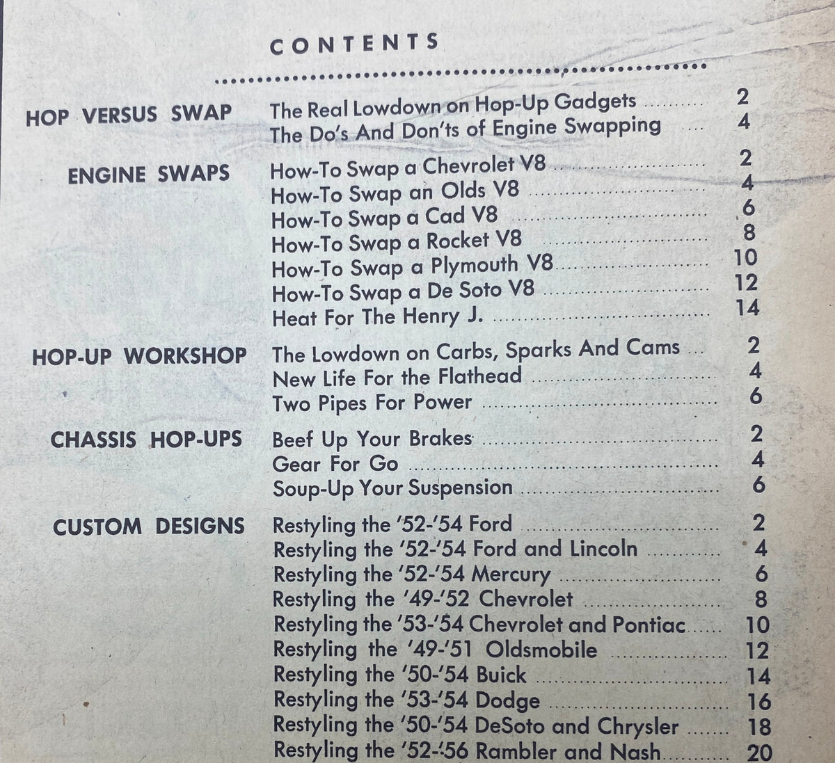 Contents page of the June 1958 issue of VTG Hop, Swap & Restyle Motor Guide, detailing sections on engine swaps, hop-up workshops, and custom designs for vintage cars.