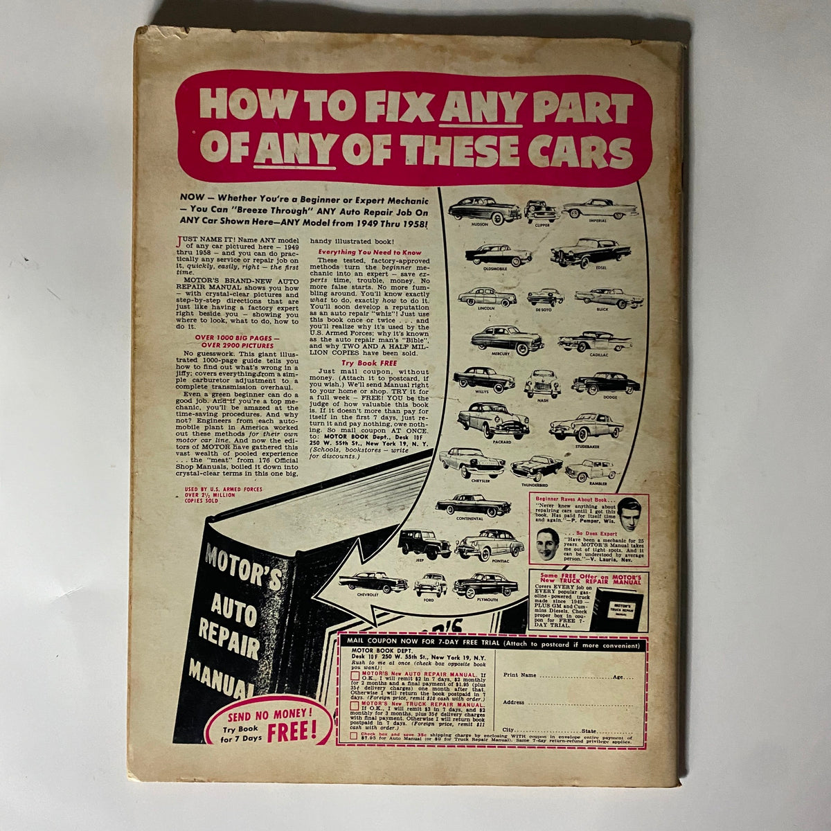 Back cover of VTG Hop, Swap & Restyle Motor Guide June 1958 featuring promotional content for a car repair manual, highlighting vehicle repair tips for models from 1949 to 1958.
