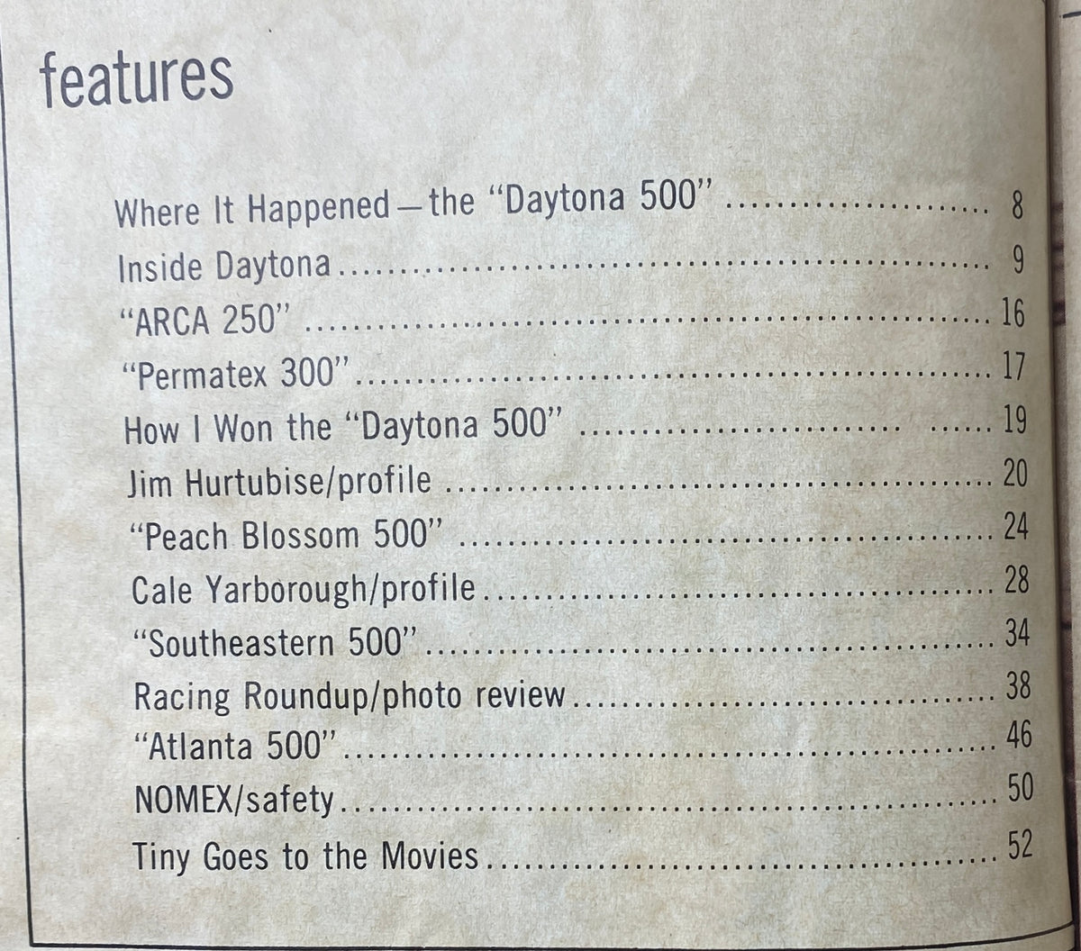 Interior page from VTG Stock Car Racing Magazine July 1966 featuring the table of contents with articles on Daytona 500, ARCA 250, and profiles of racers including Jim Hurtubise and Cale Yarborough.