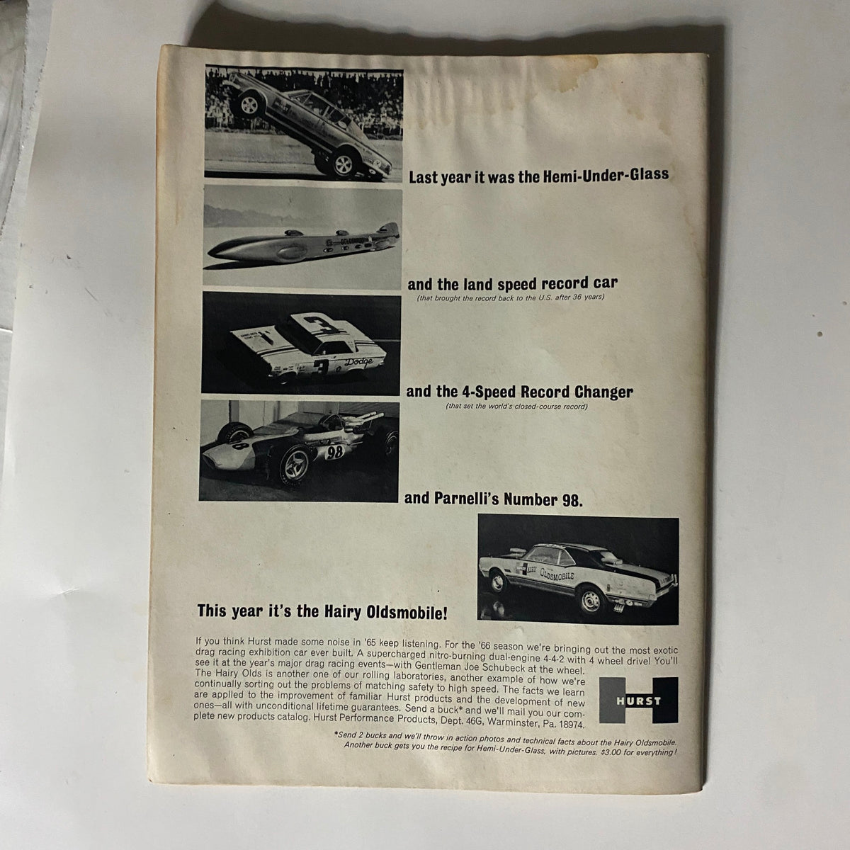 Back cover of VTG Stock Car Racing Magazine July 1966 showcasing vintage racing cars and promotional content related to the Hairy Oldsmobile and performance products.