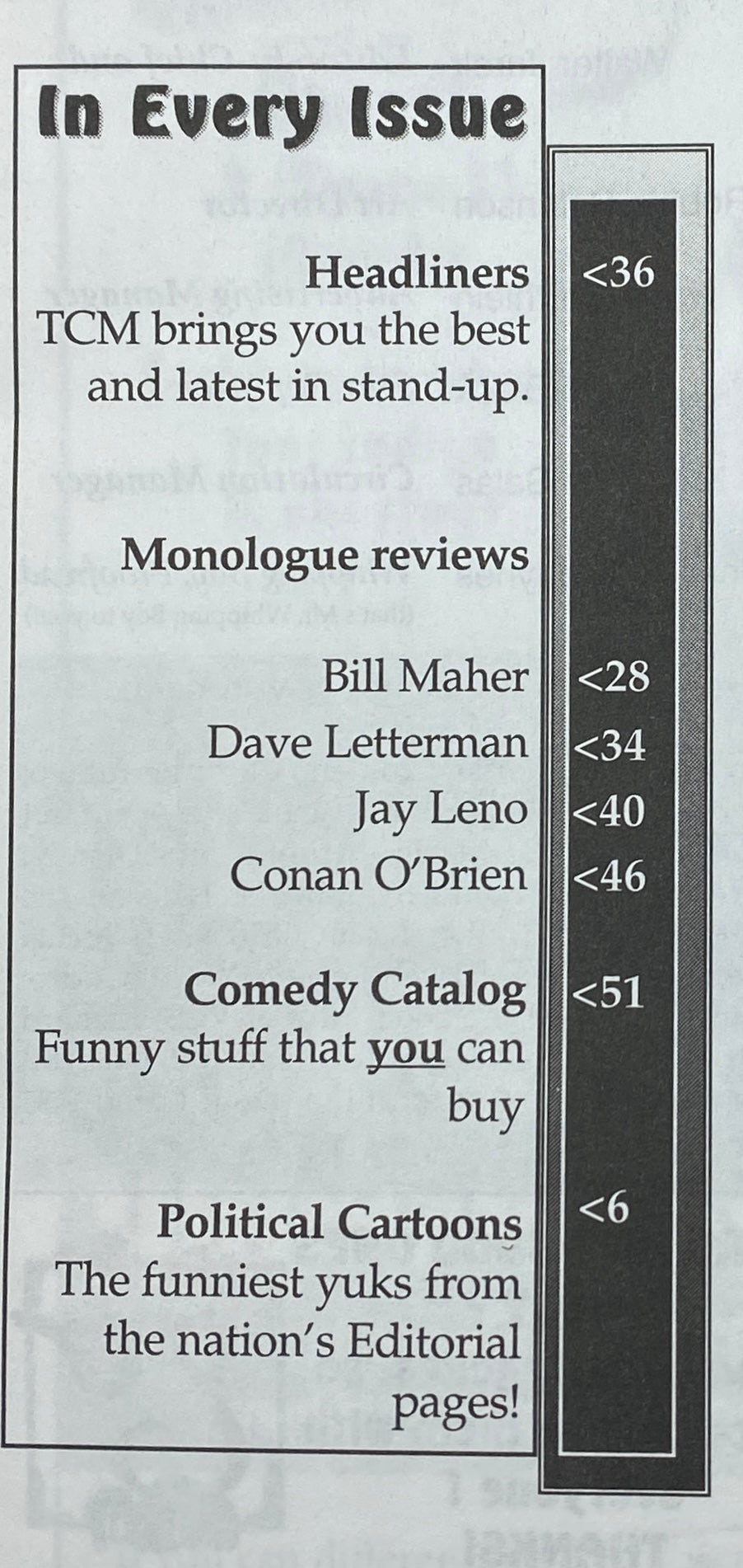 Inside page from The Comedy Magazine July 1997 #11, showcasing sections on monologue reviews and comedy catalog features, emphasizing the era's stand-up and political cartoons.