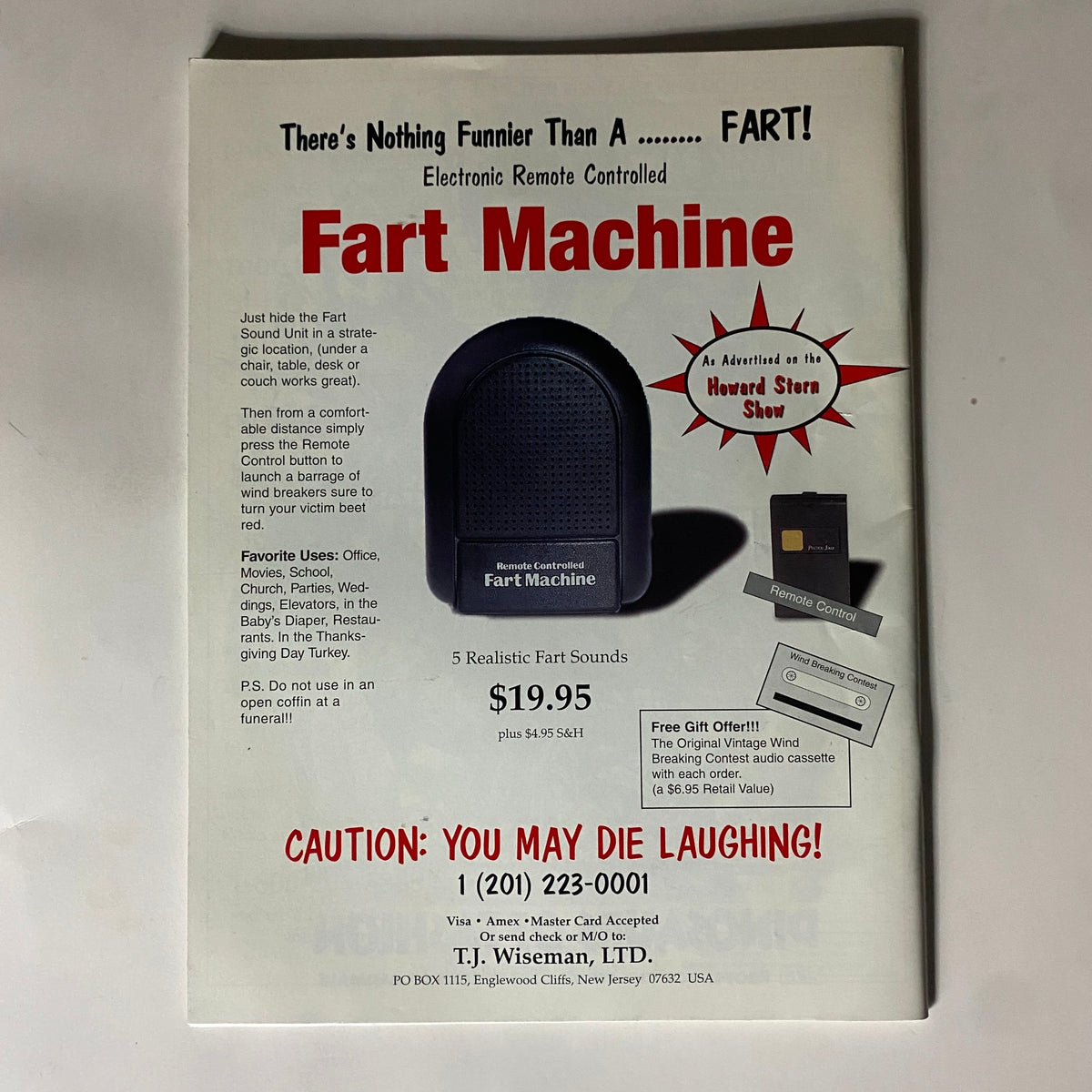 Advertisement for the remote-controlled Fart Machine from The Comedy Magazine December 1997, showcasing its fun uses and comedic appeal.