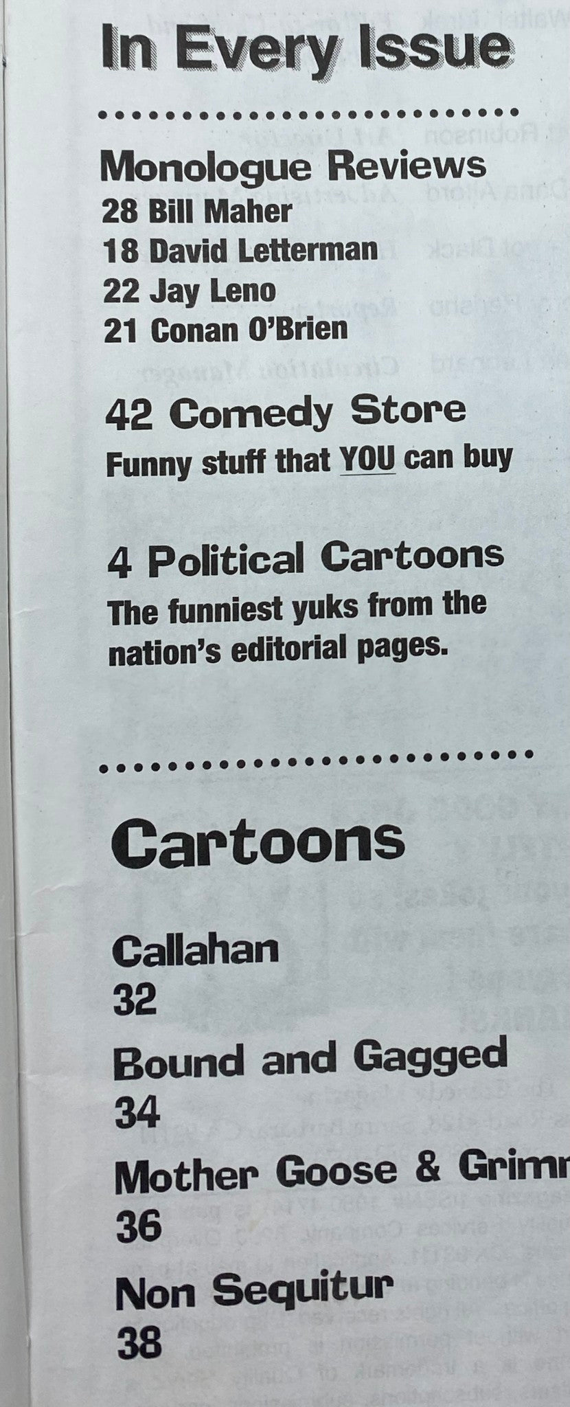 Table of contents from The Comedy Magazine April 2000 Issue #15, listing features including monologue reviews and political cartoons.