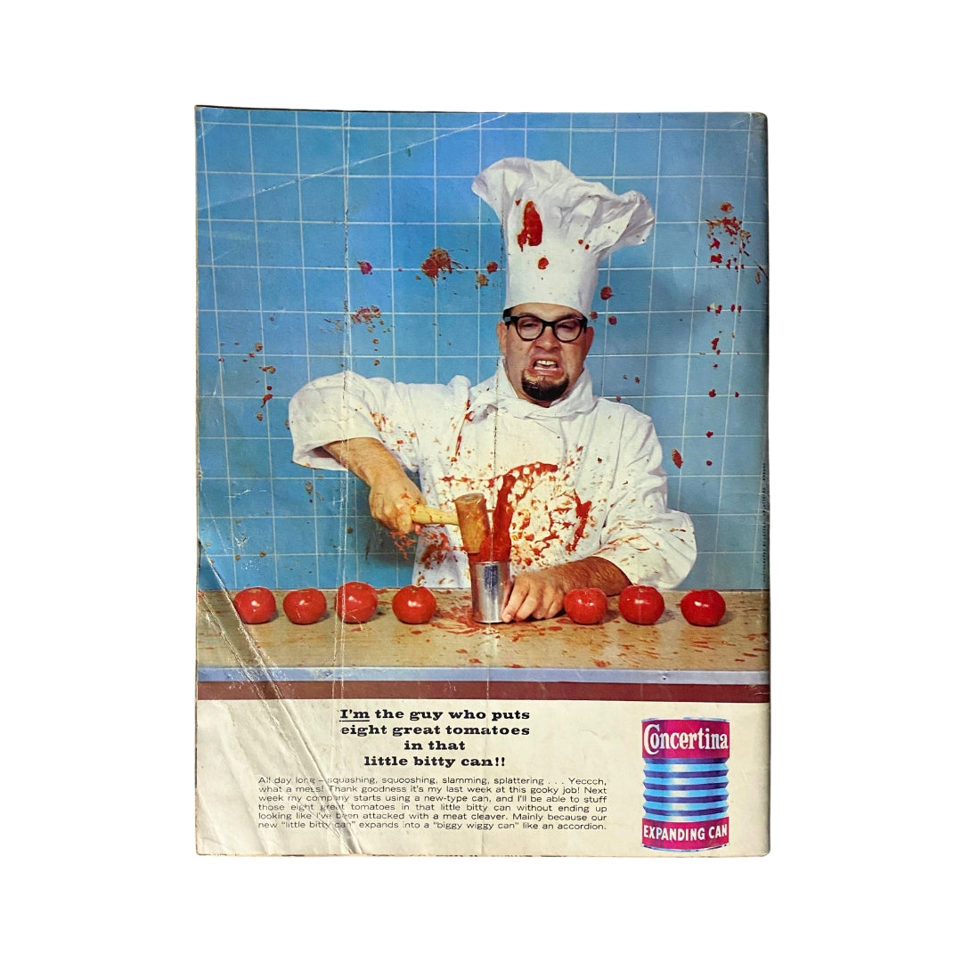 Back cover of Mad Magazine 1966 Ninth Annual Edition of the Worst featuring a humorous chef character covered in tomato splatter, promoting a kitchen tool for squishing tomatoes. This collectible vintage magazine showcases the playful spirit of 1960s satire.