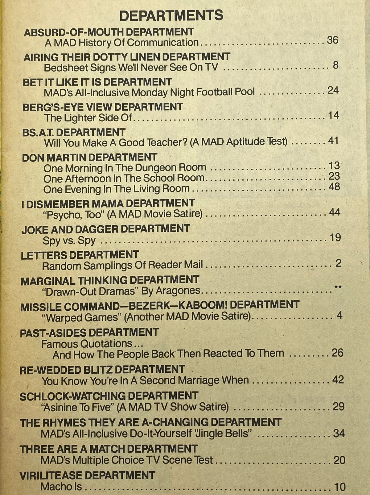 Departments listed in Mad Magazine January 1984 No. 244, showcasing various satirical segments and articles including 'I Dismember Mama' and 'Joke and Dagger'.