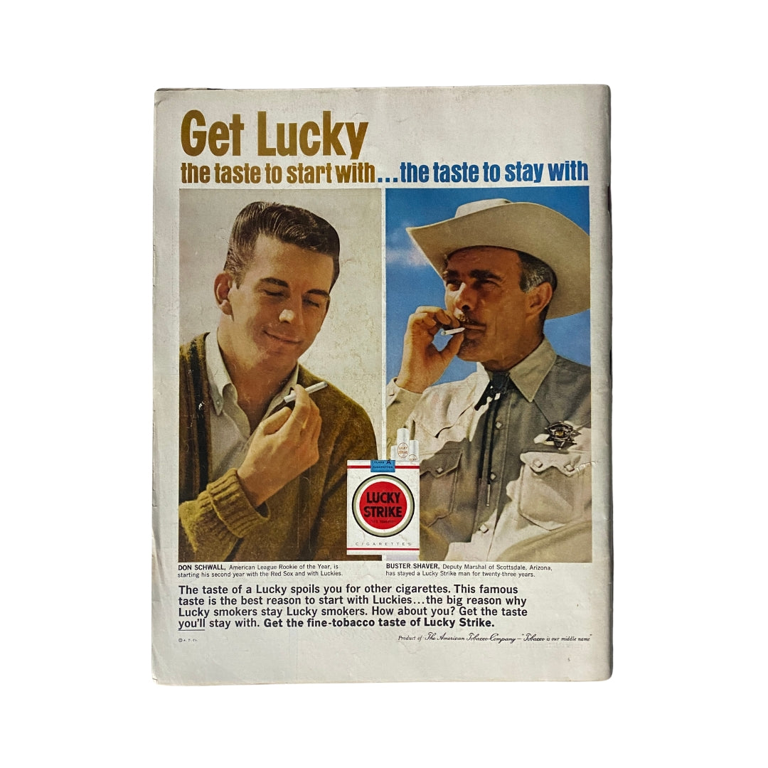 Back cover of the June 22, 1962 LIFE Magazine featuring an advertisement for Lucky Strike cigarettes. Showcases two men, one in a cowboy hat, promoting the brand with the tagline 'Get Lucky, the taste to start with...'.