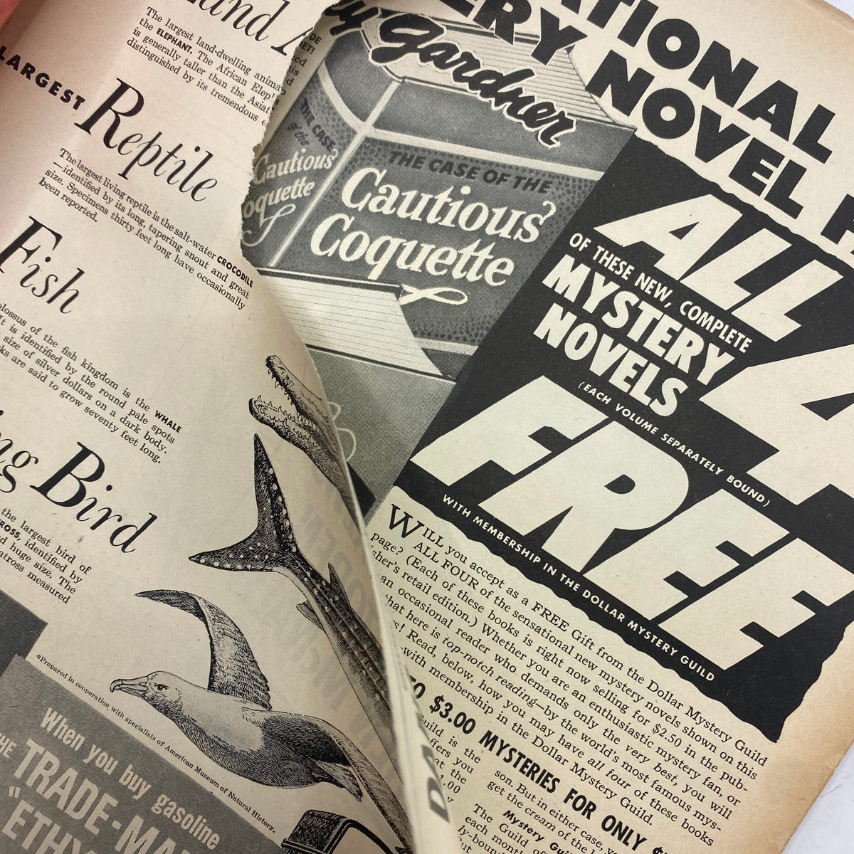 Vintage advertisement from the August 8, 1949, Life Magazine featuring the largest reptiles, fish, and birds alongside promotions for Mystery Novels as part of the VTG Life Magazine offering.