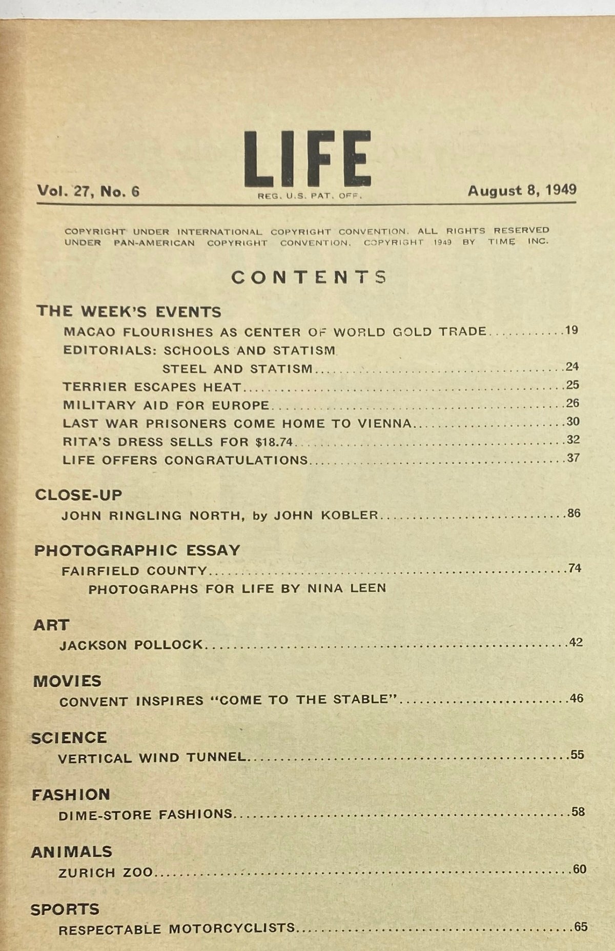 Content page from the August 8, 1949, Life Magazine showcasing highlights including Macao, editorial topics, and a focus on Jackson Pollock, part of the VTG Life Magazine collection.