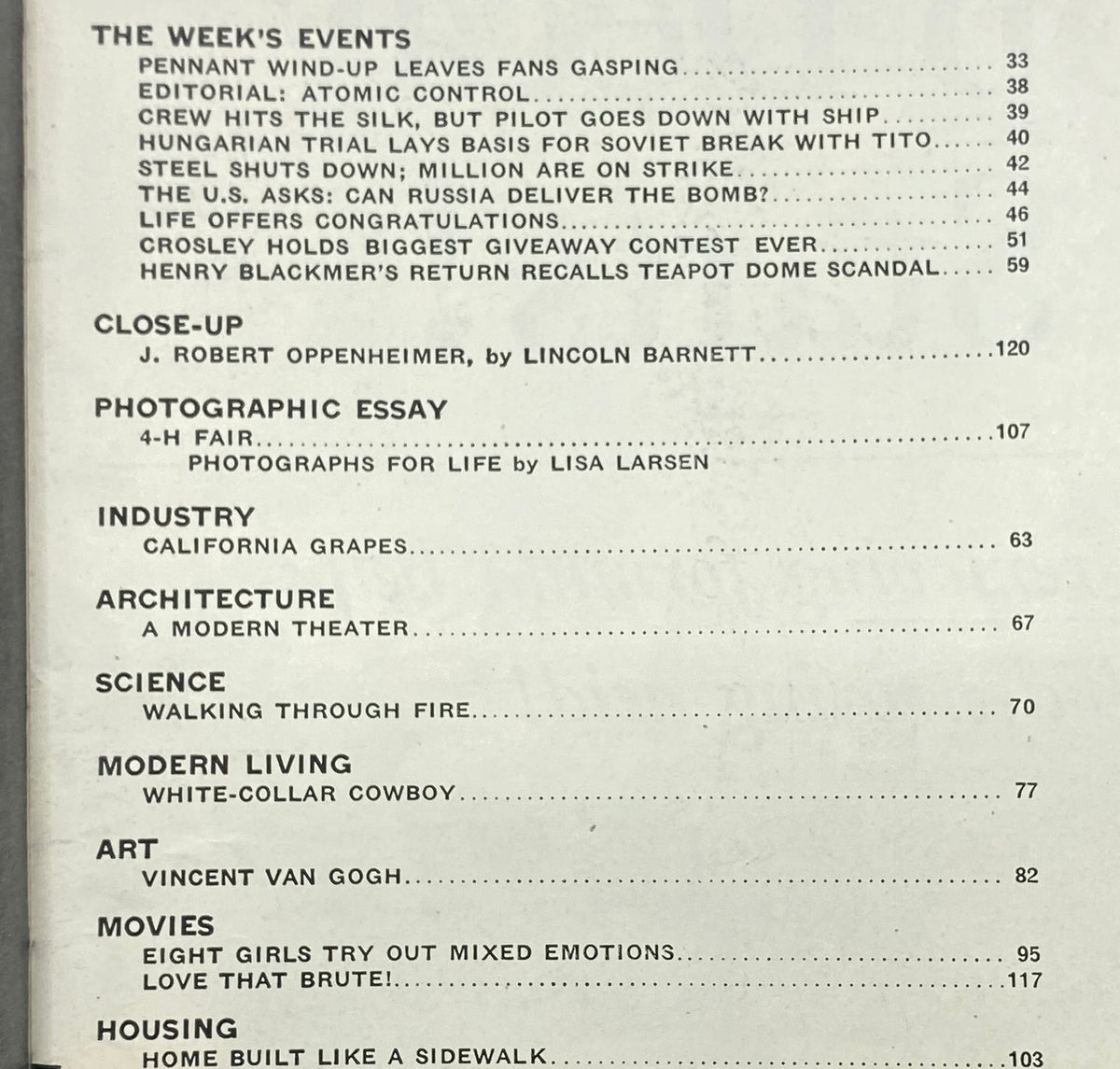 VTG Life Magazine October 10, 1949 cover featuring J.R. Oppenheimer, atomic nuclear pioneer. Includes articles on various topics of the week such as sports, science, and events.