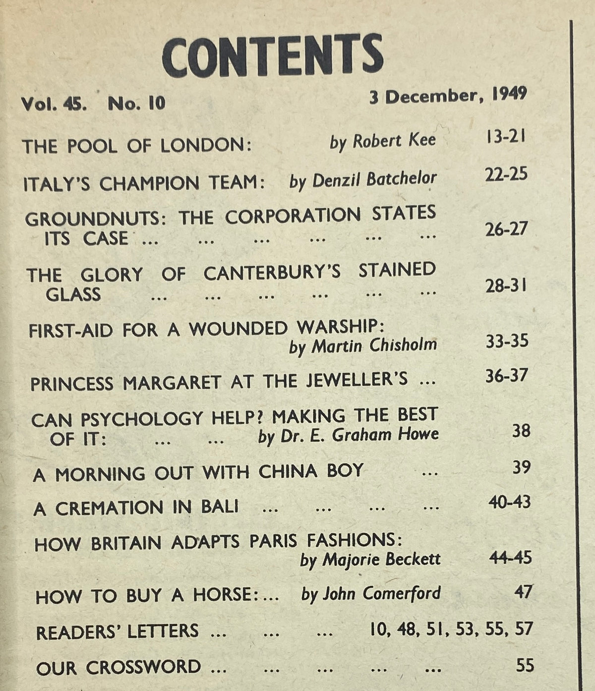 Contents page of Vintage Picture Post Magazine December 3, 1949 showcasing articles like 'The Pool of London' and 'Princess Margaret at the Jeweller's' for historical insight.