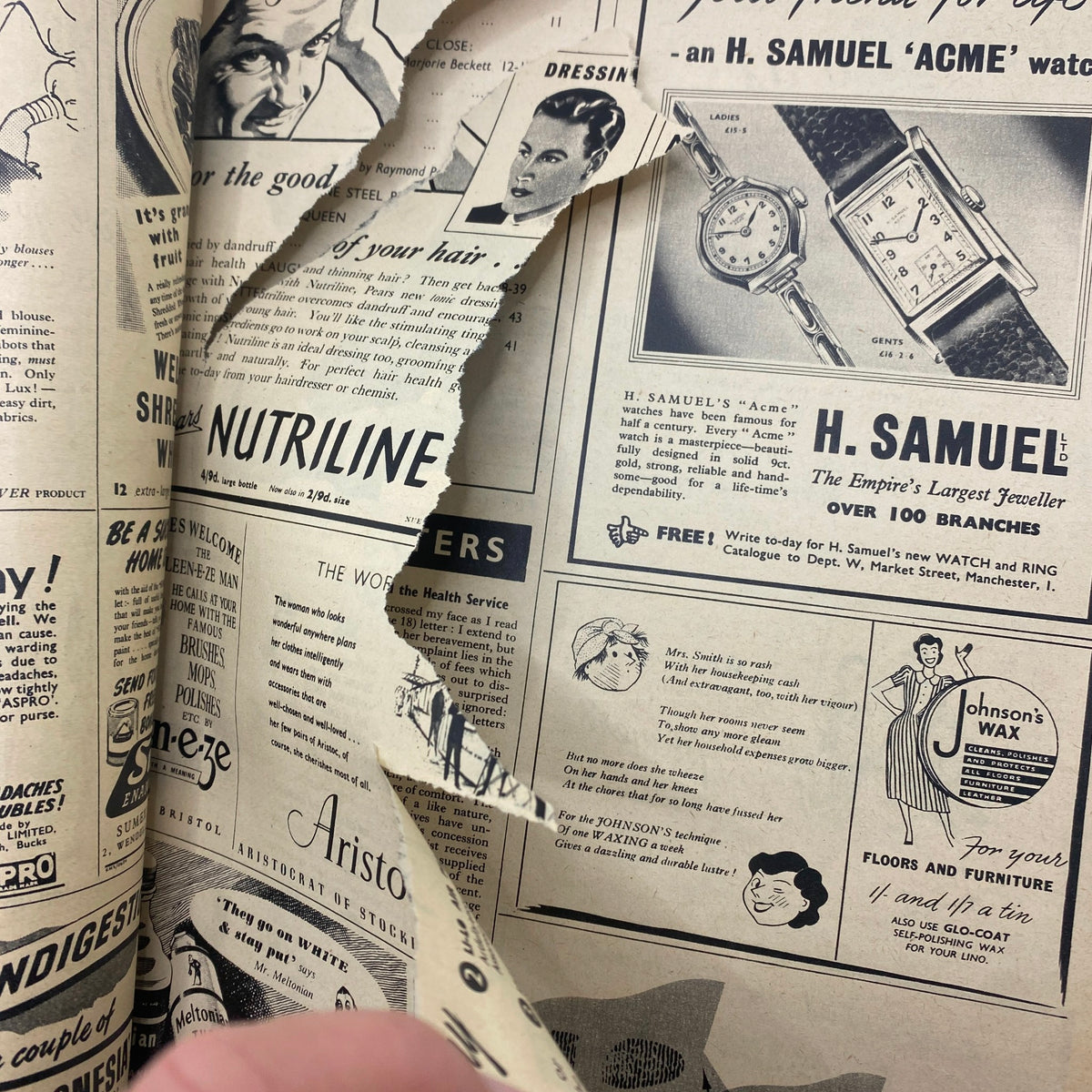 Torn pages of a vintage advertisement within Picture Post Magazine July 23, 1949, showcasing various products and features from the time.
