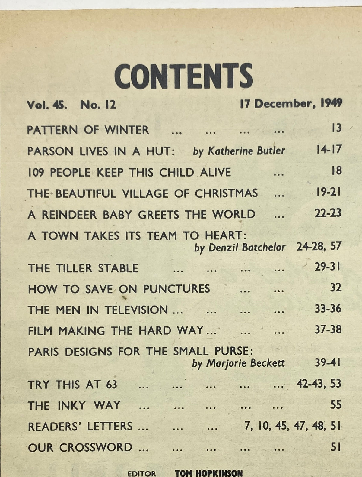 Contents page of the VTG Picture Post Magazine December 17, 1949, featuring articles including 'Pattern of Winter' and 'A Town Takes Its Team to Heart'. This vintage magazine page showcases the table of contents from a collectible issue highlighting post-war culture.
