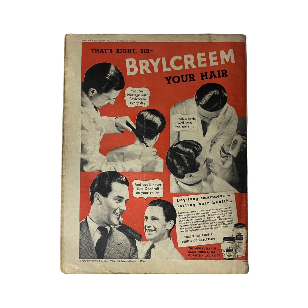 Vintage advertisement featuring Brylcreem hair product, showcasing grooming tips for men, titled 'That's Right, Sir - Brylcreem Your Hair'. This illustration promotes the benefits of using Brylcreem for stylish hair health, highlighting techniques such as daily massage and dandruff prevention.
