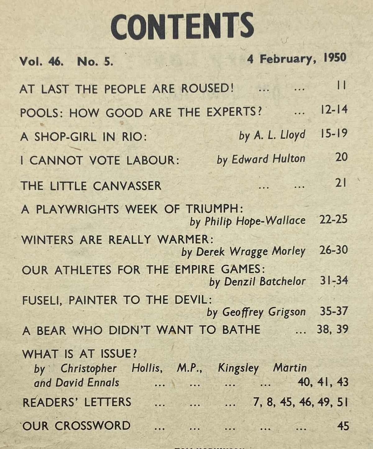 Contents page of the VTG Picture Post Magazine February 4, 1950 listing featured articles including 'At Last the People Are Roused!' and 'A Shop-Girl in Rio'.