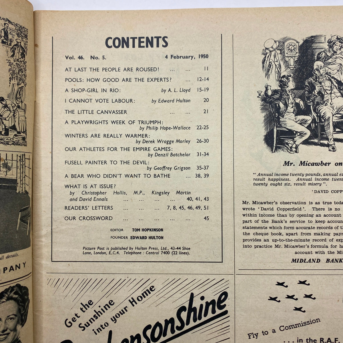 Contents page of the VTG Picture Post Magazine February 4, 1950 providing an overview of articles such as 'Our Athletes for the Empire Games' and 'A Shop-Girl in Rio'.