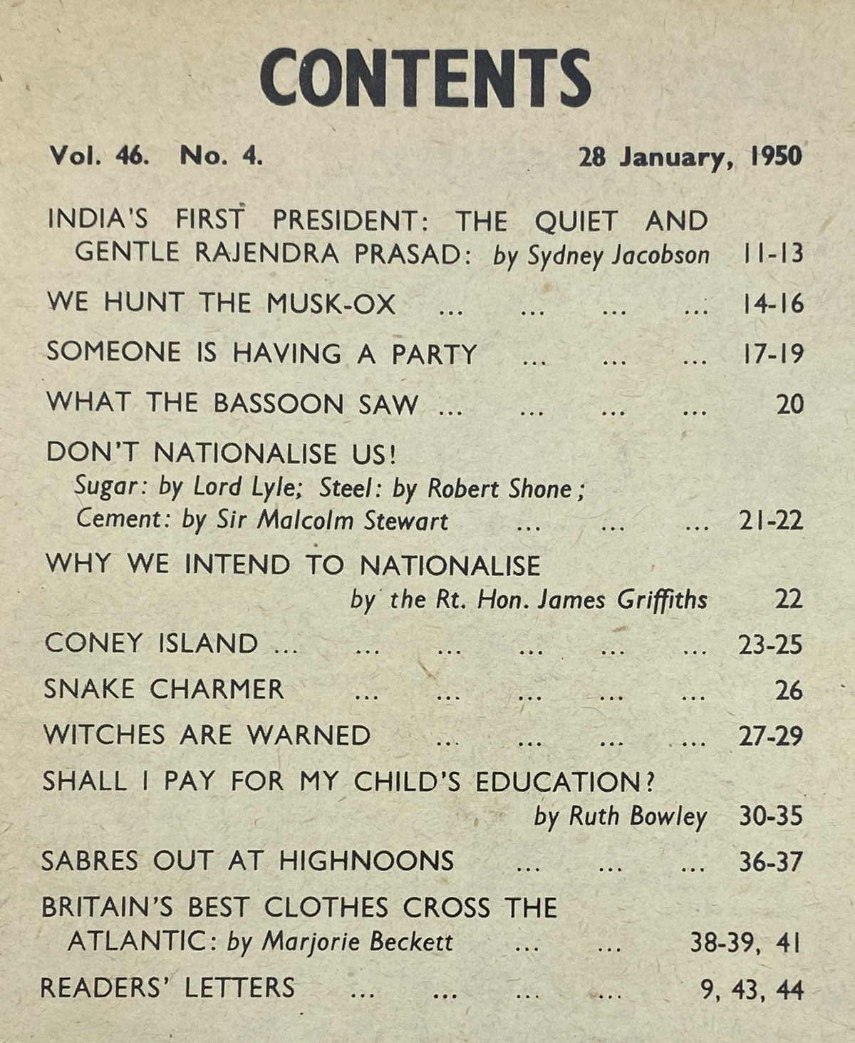 Contents page of the Vintage Picture Post Magazine dated January 28, 1950 featuring an article on India's First President and various engaging articles.