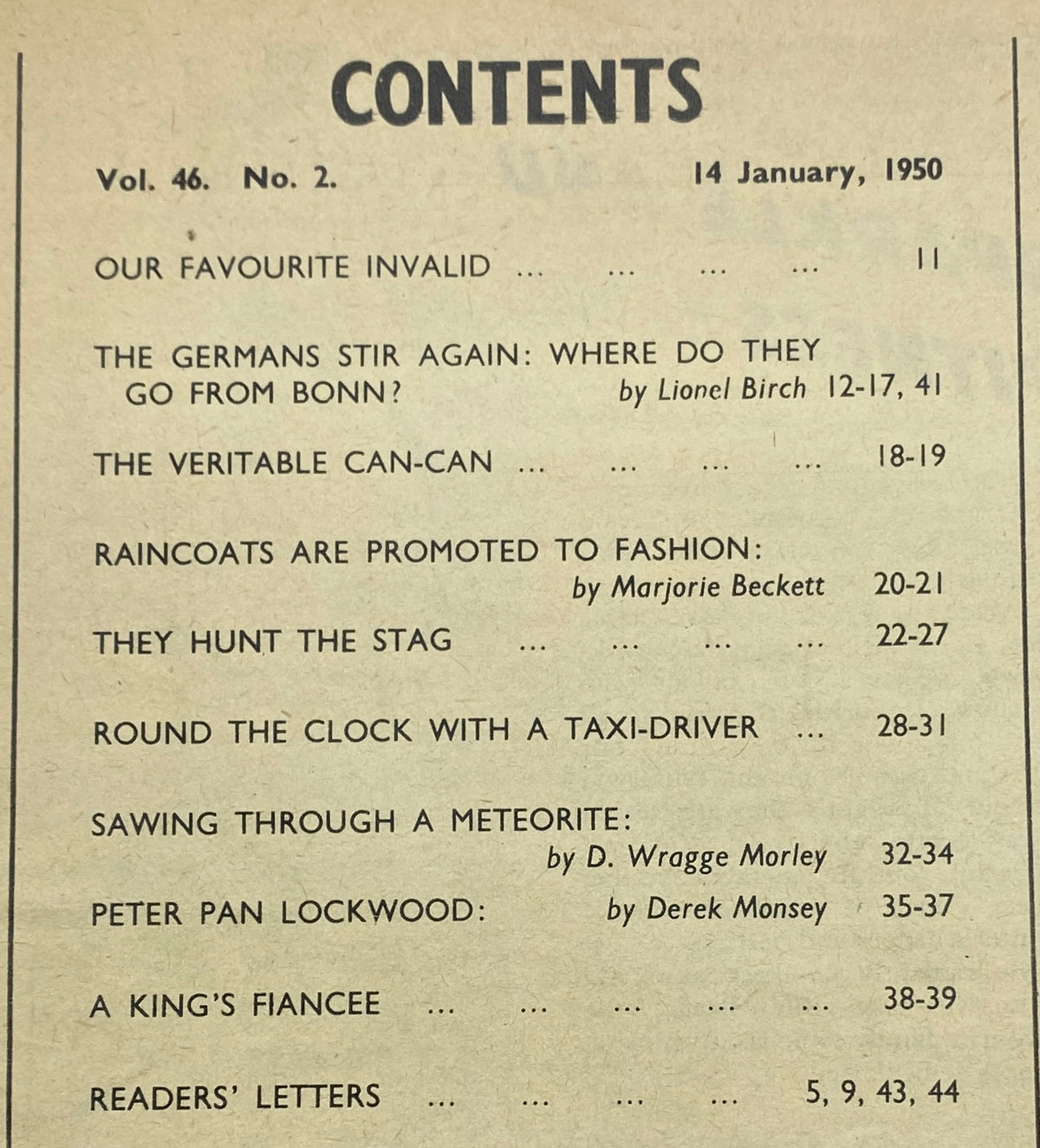 Contents page of the Vintage Picture Post Magazine January 14, 1950, detailing featured articles including 'The Veritable Can-Can' and insights on post-war society.