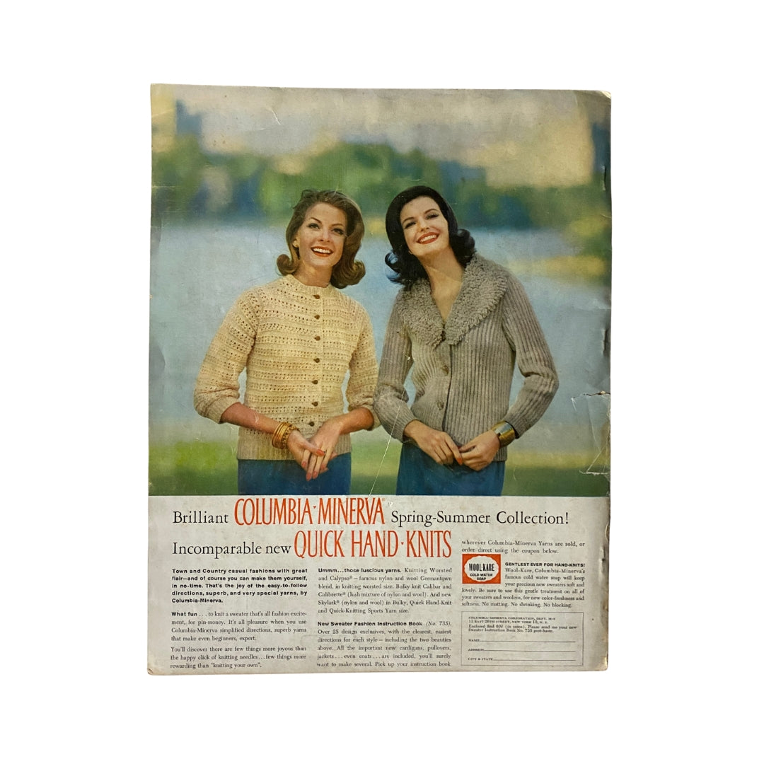 Back cover of vintage McCall's Needlework & Crafts Spring-Summer 1960 magazine featuring advertisement for Columbia-Minerva Spring-Summer collection showcasing quick hand-knits.