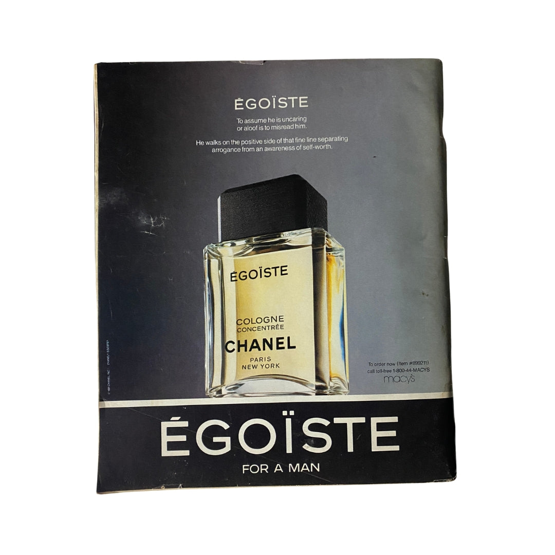 Advertisement for Chanel Égoïste cologne featured in Rolling Stone Magazine October 3, 1991 Issue 614, showcasing the fragrance in a minimalist design.