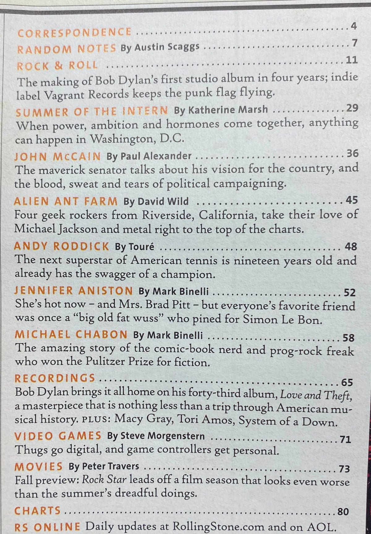 Table of contents from Rolling Stone Magazine September 27, 2001 Issue 878, including articles on Bob Dylan, John McCain, and Jennifer Aniston.