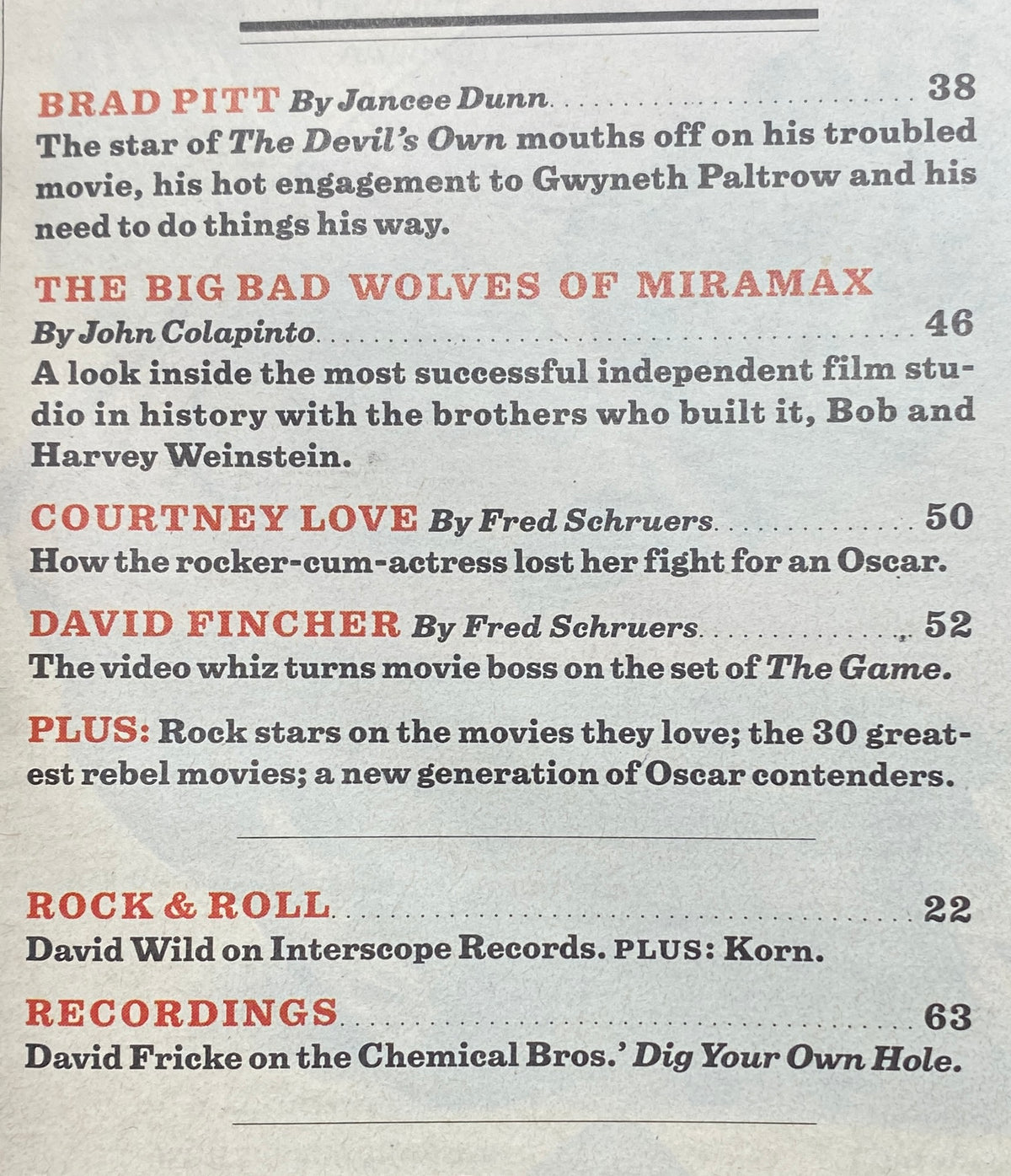Contents page of Rolling Stone Magazine April 3, 1997 Issue #757, highlighting features on Brad Pitt, Miramax, Courtney Love, and David Fincher.