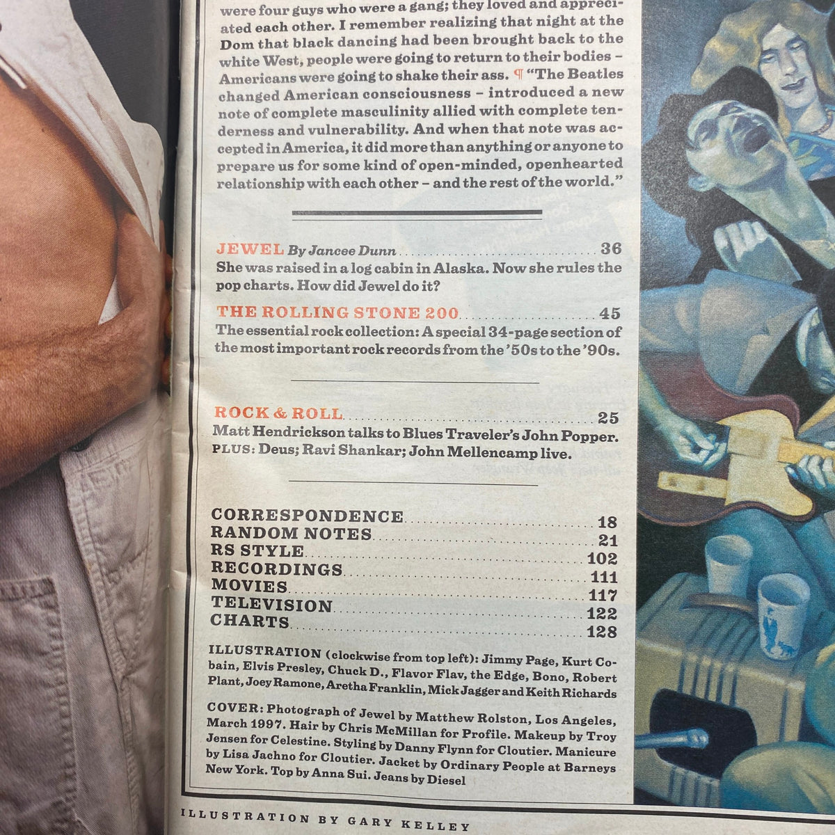 Table of contents from Rolling Stone Magazine May 15, 1997 Issue 760, highlighting features on Jewel and The Rolling Stone 200.