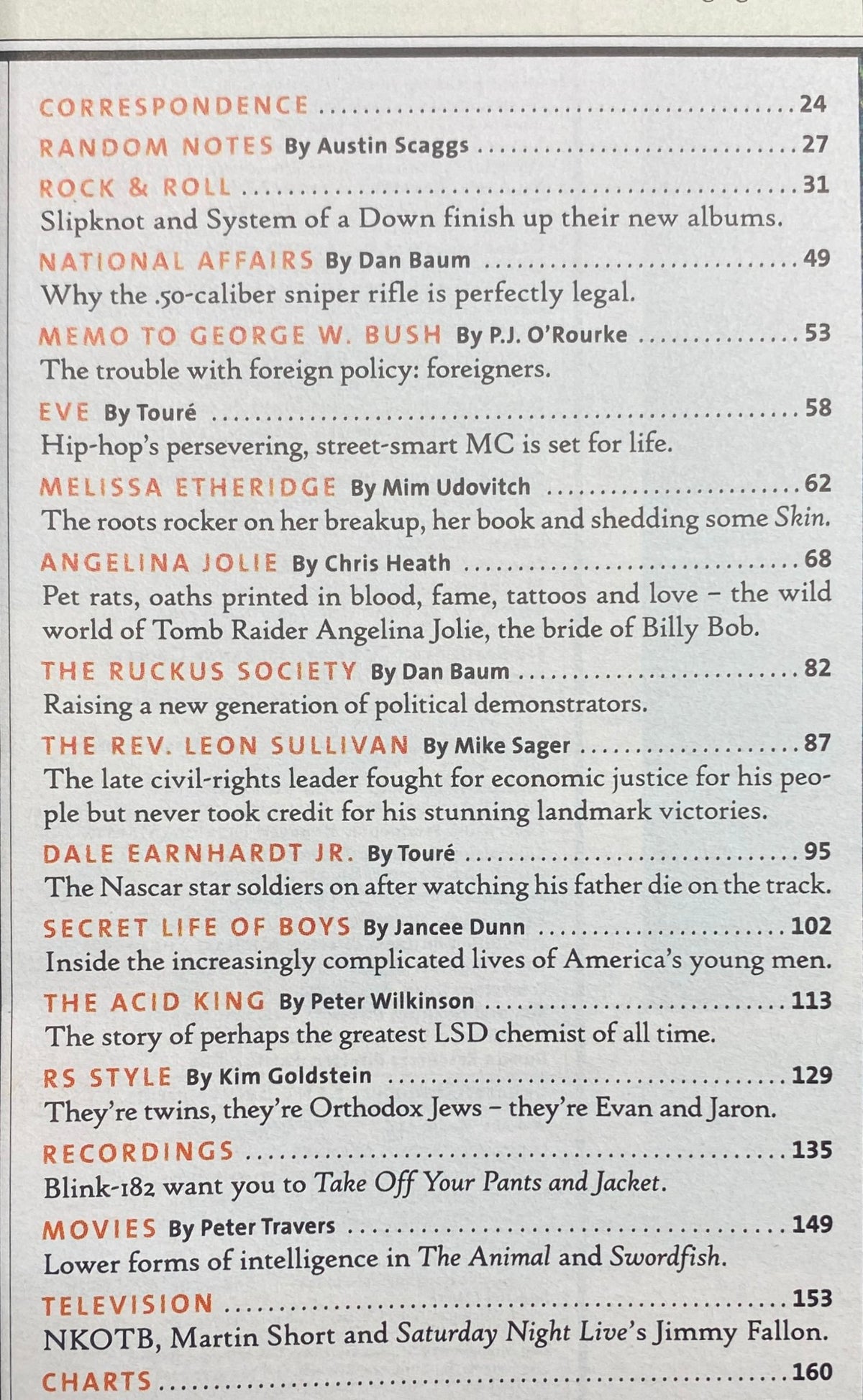 Table of contents from Rolling Stone Magazine July 5, 2001 Issue 872, highlighting features including Angelina Jolie, music articles, and cultural commentary.
