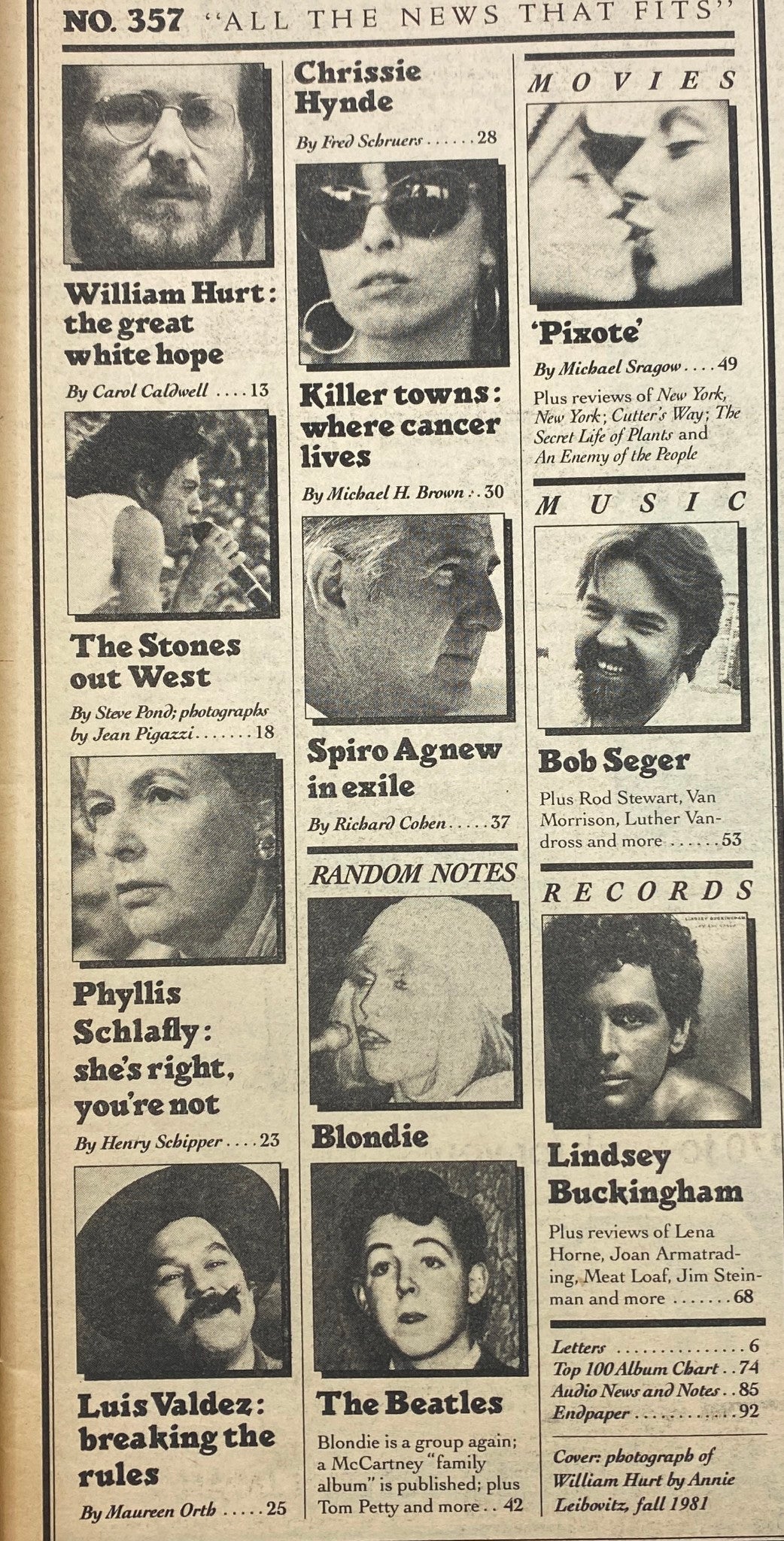 Interior page of the VTG Rolling Stone Magazine November 26, 1981 Issue 357 showcasing articles including William Hurt, Chrissie Hynde, and movie reviews such as 'Pixote'.