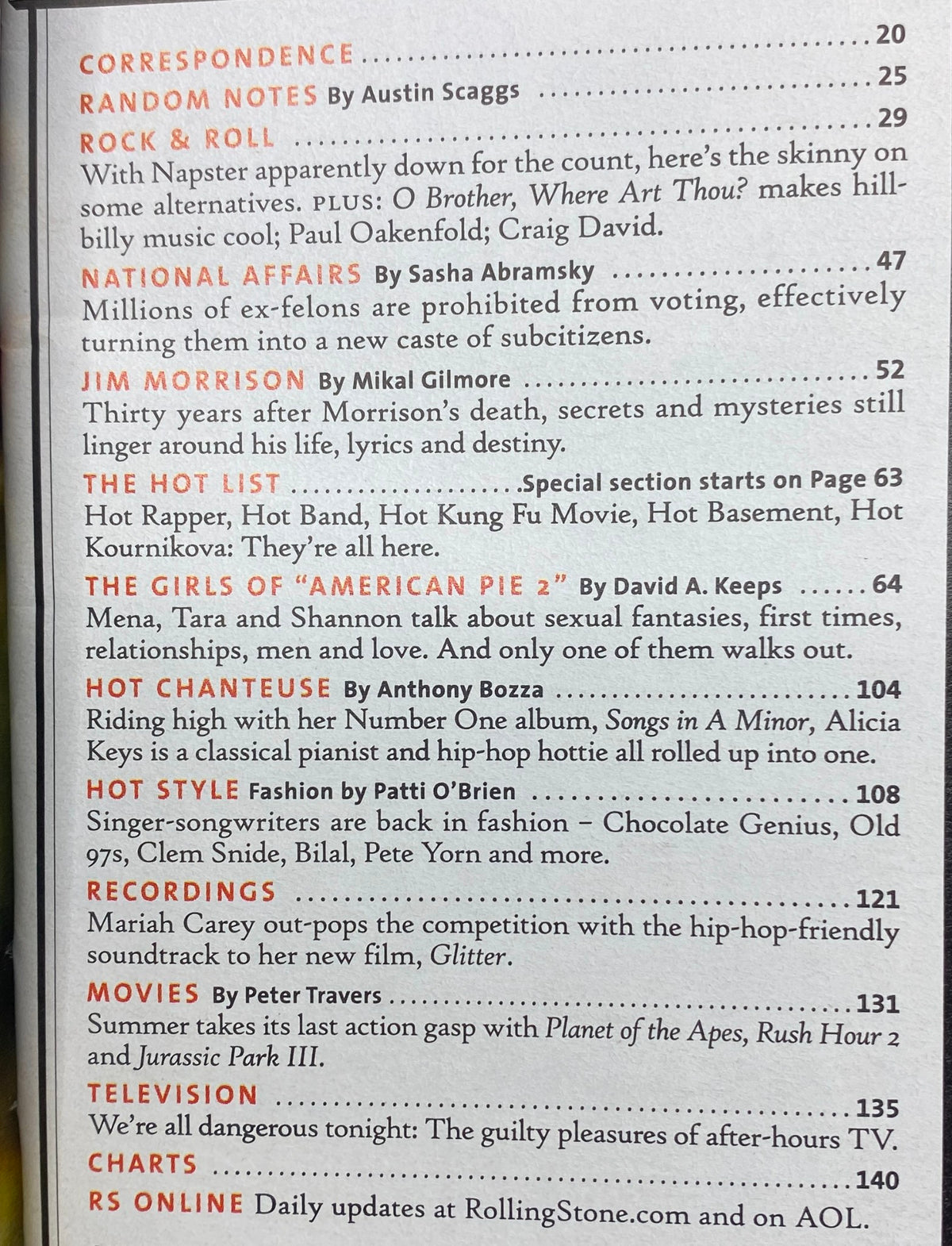 Table of contents from Rolling Stone Magazine August 30, 2001 Issue 876, listing articles including features on Jim Morrison and the Girls of American Pie.