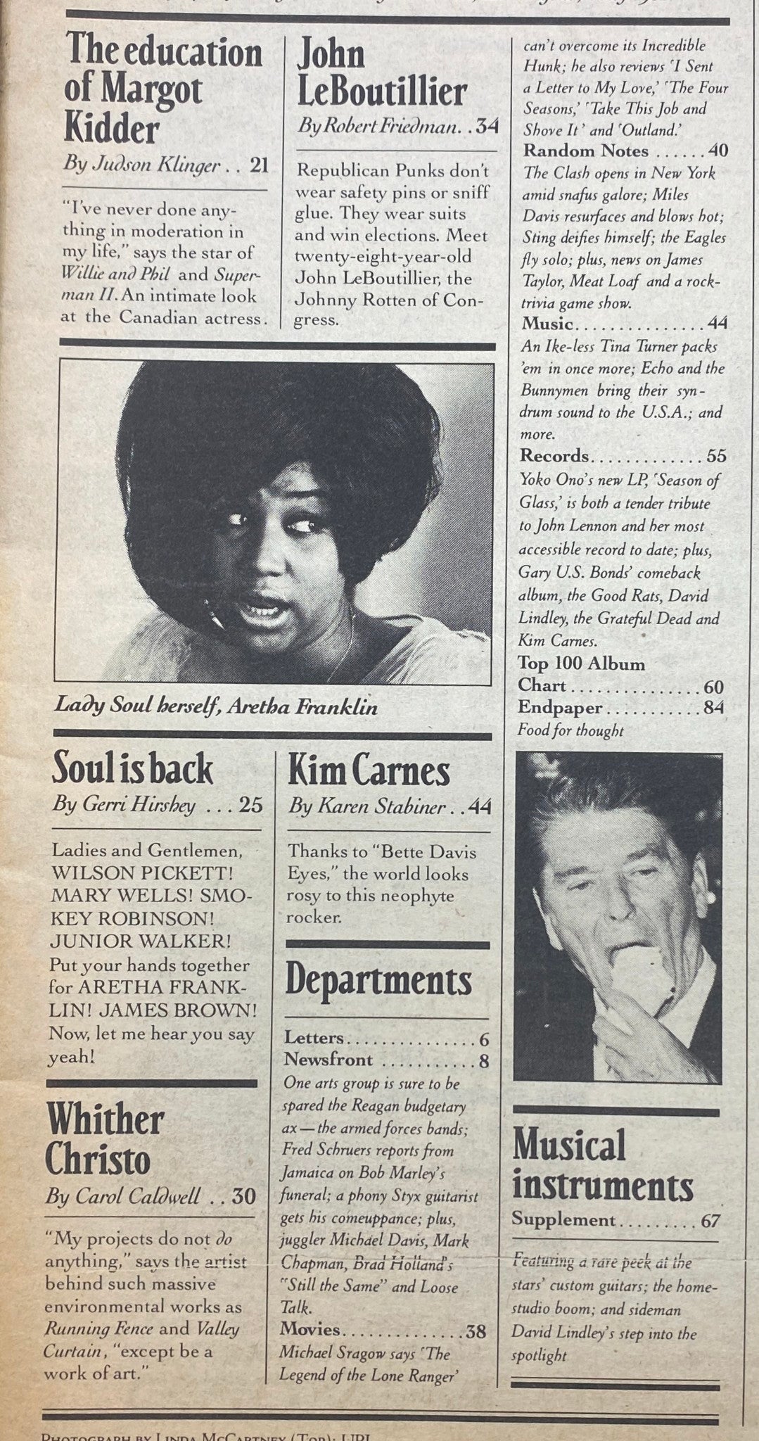 Vintage Rolling Stone magazine page featuring the article 'The education of Margot Kidder' and highlights about John LeBoutillier, Aretha Franklin, and Kim Carnes from the July 9, 1981 issue 347 with Margot Kidder on the cover.