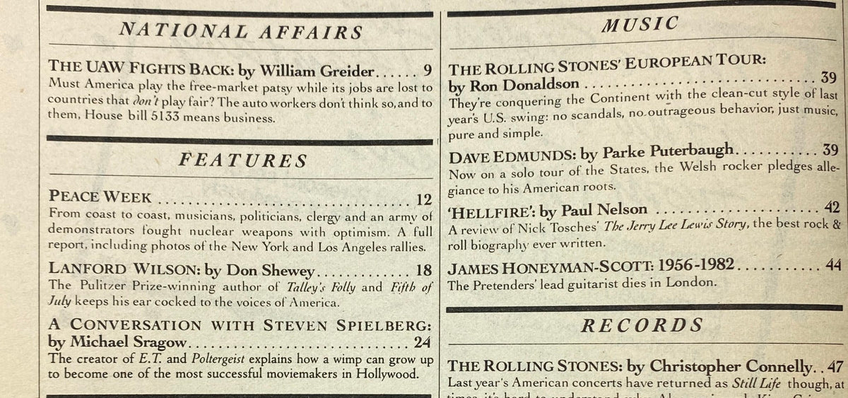 Inside page of the Vintage Rolling Stone Magazine July 22, 1982, displaying contents related to National Affairs and Music, including a feature on The Rolling Stones' European tour and an interview with filmmaker Steven Spielberg.