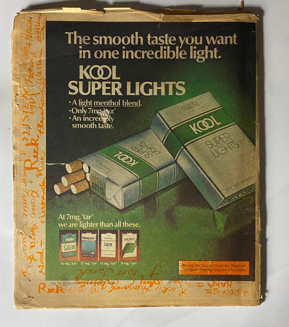 Back cover advertisement for Kool Super Lights cigarettes featured in VTG Rolling Stone Magazine May 29, 1980, Issue 318.