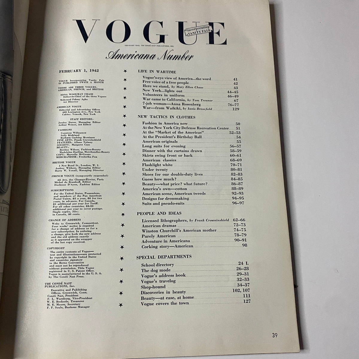 Vogue Magazine February 1, 1942 Life in Wartime Women in the Morale Corps - the table of contents page displaying articles and features related to wartime themes and fashion.