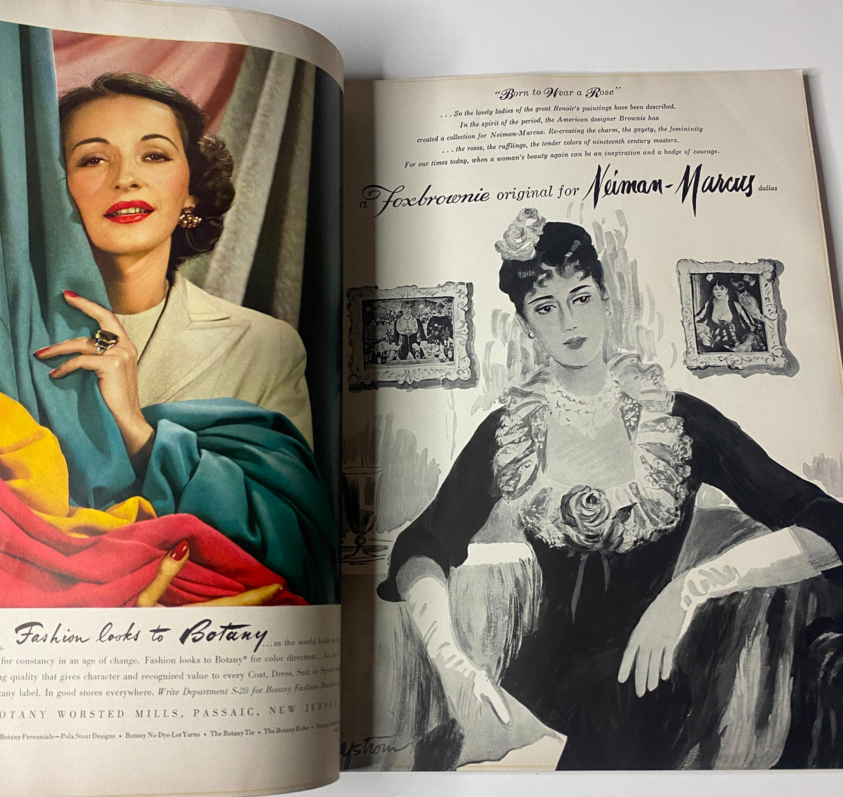 Vogue Magazine February 1, 1942 Life in Wartime Women in the Morale Corps - a beauty advertisement highlighting glamorous fashion with a model, showcasing vintage aesthetics from the era.