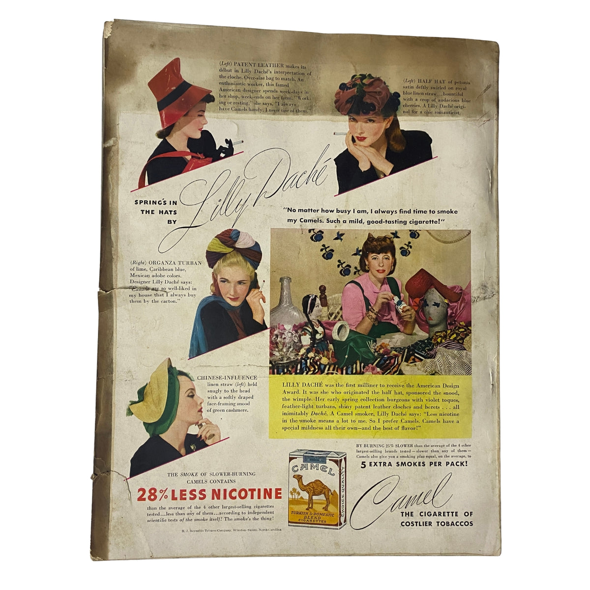 Vintage advertisement page from Vogue Magazine, February 1, 1942, featuring spring hats by Lilly Daché. This piece illustrates the blend of fashion and wartime themes, emphasizing women's contributions.