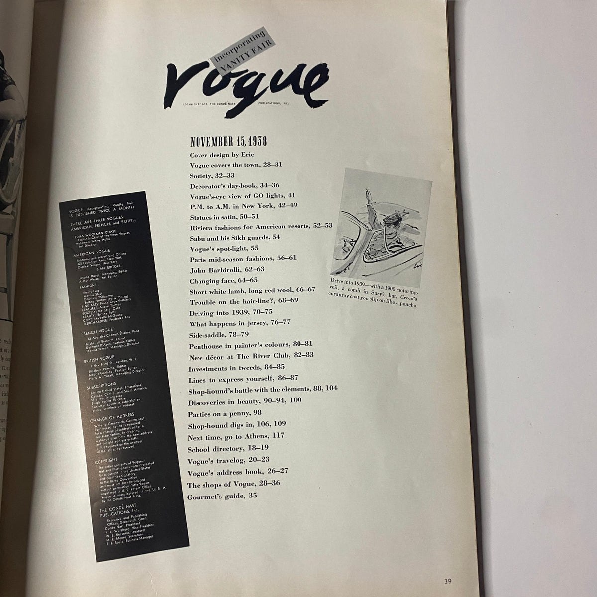 Vogue Magazine November 15, 1938 interior page featuring table of contents with stylish typography and a list of featured articles alongside an advertisement.