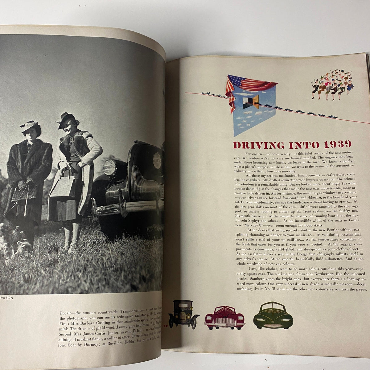 Vogue Magazine November 15, 1938 article titled 'Driving into 1939', illustrated with a photo of fashionable figures by a classic car, emphasizing automotive style of the era.