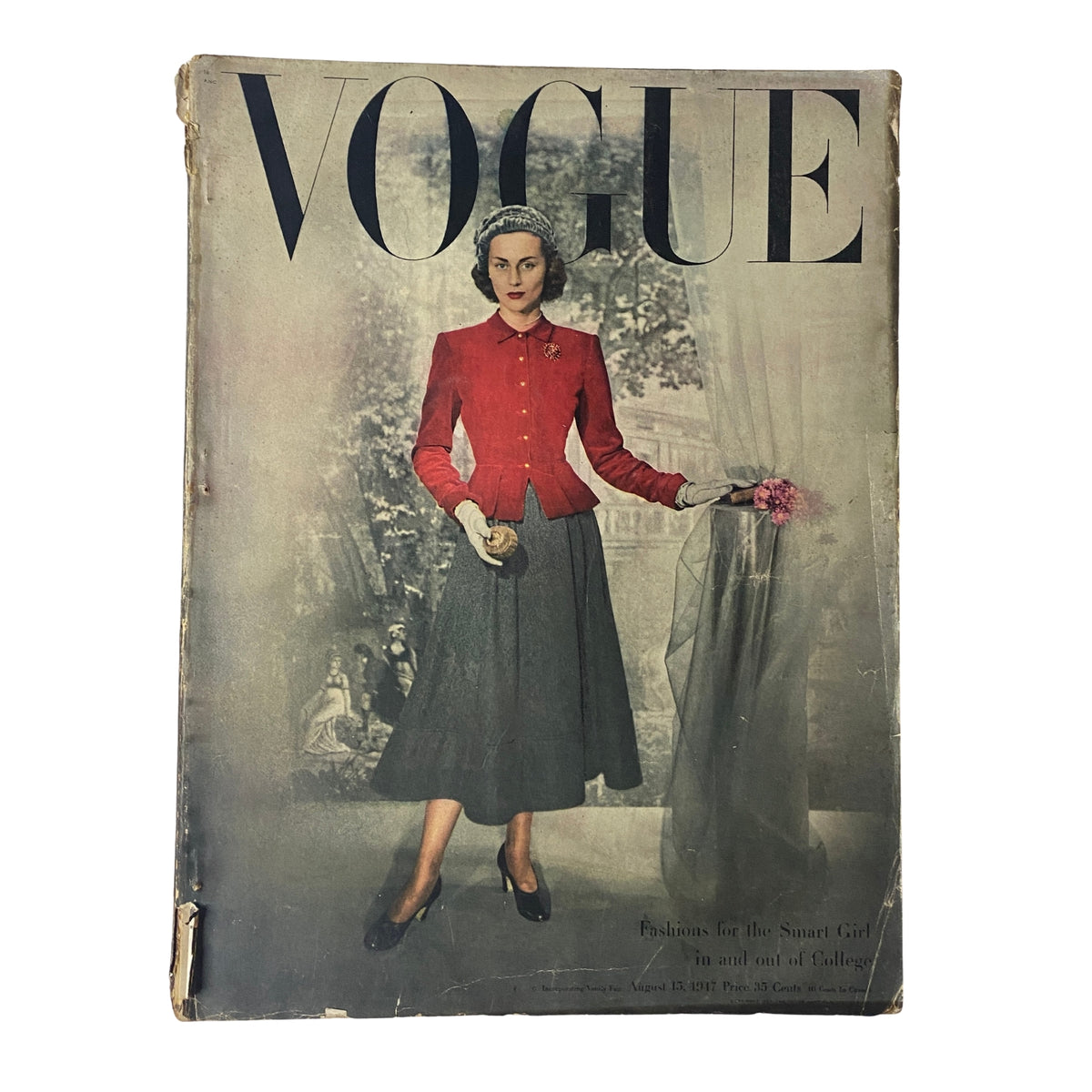 Cover of Vogue Magazine from August 15, 1947 featuring model Joan Petit, photographed by Frances McLaughlin-Gill, showcasing postwar fashion for college girls.