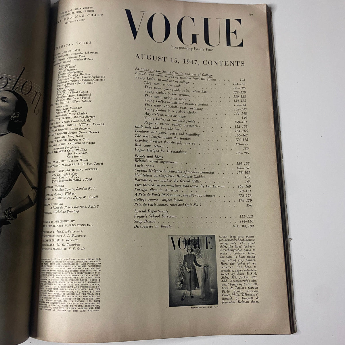 Table of contents page from Vogue Magazine August 15, 1947 featuring articles related to fashion for smart girls, including content outlines.