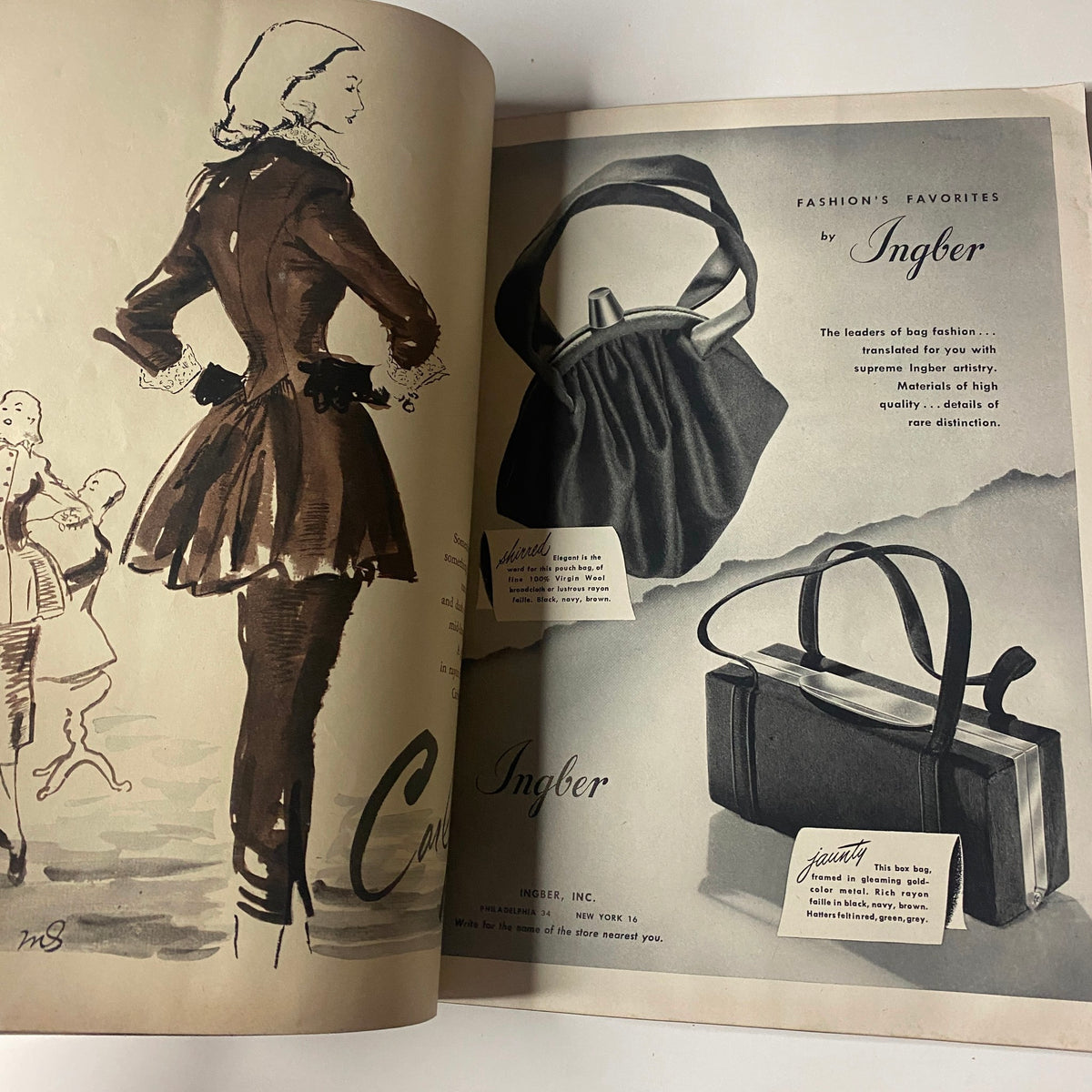 Interior page of Vogue Magazine August 15, 1947 featuring a fashion illustration and accessories advertisement by Ingber.