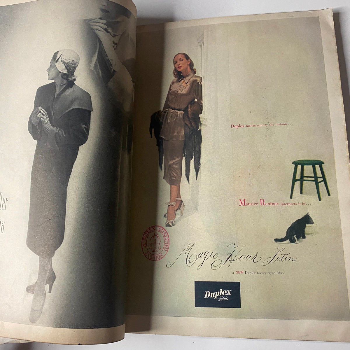 Interior page of Vogue Magazine August 15, 1947 showcasing a fashion spread with models in luxurious attire and an advertisement for Duplex.