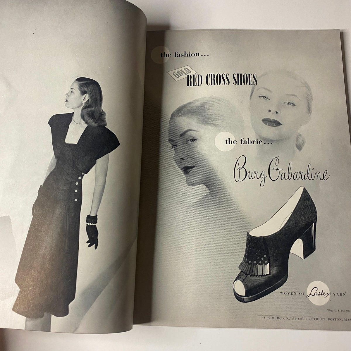 Advertisement page from Vogue Magazine April 15, 1947 Decorating Issue featuring a model in a fashionable dress and stylish shoes.