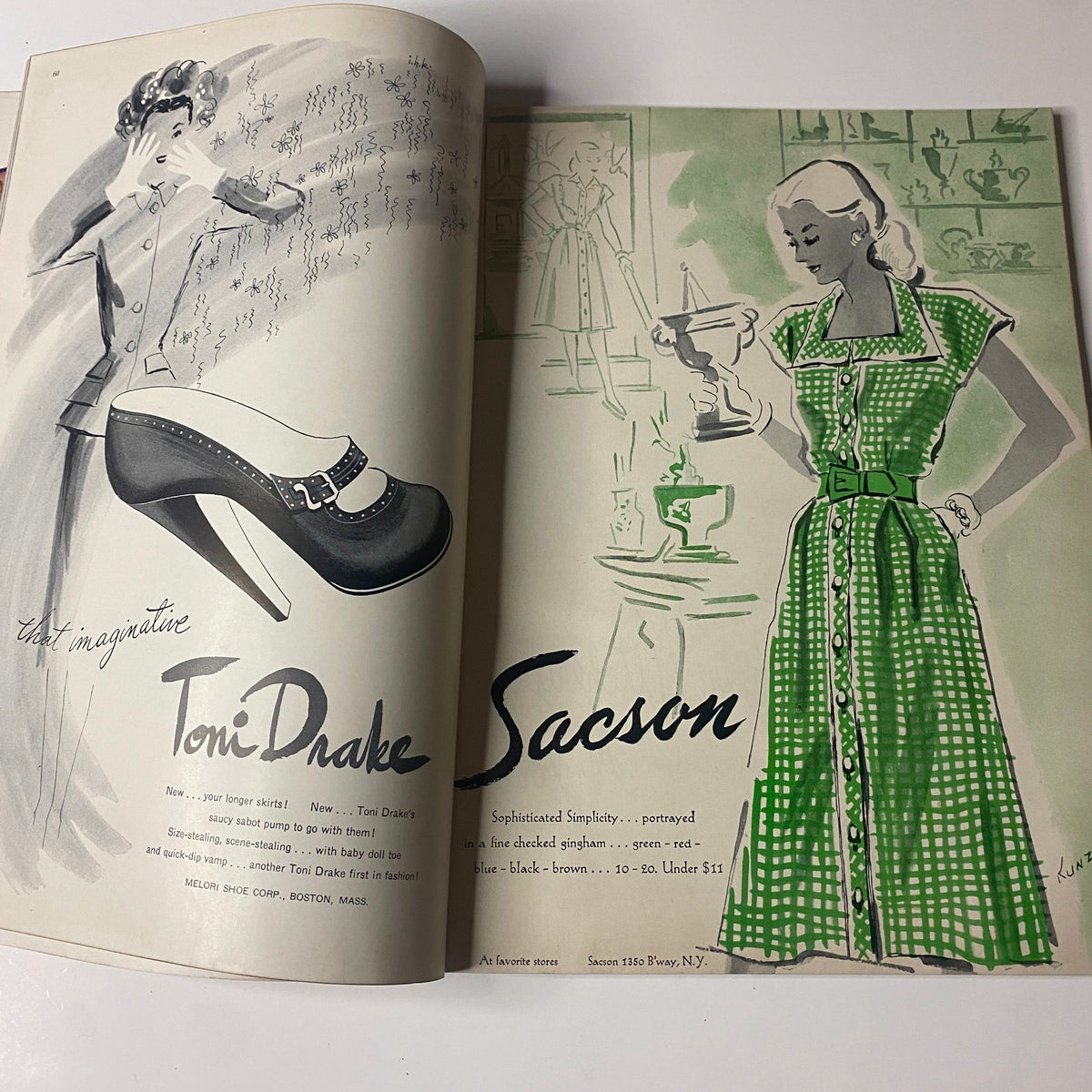 Vogue Magazine April 15, 1947 Decorating Issue Cover by Irving Penn showcasing a chic advertisement for Toni Drake shoes and a fashionable green dress from Sacson, exemplifying mid-century style.