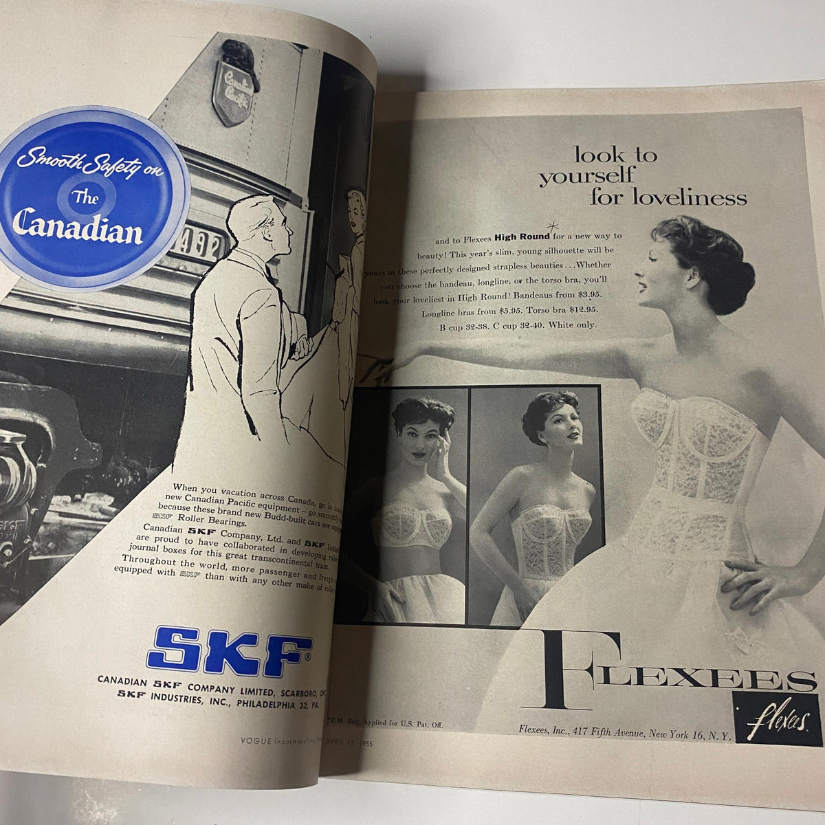 Vintage advertisement from Vogue Magazine April 15, 1955 promoting SKF company products, featuring a model wearing a corset.